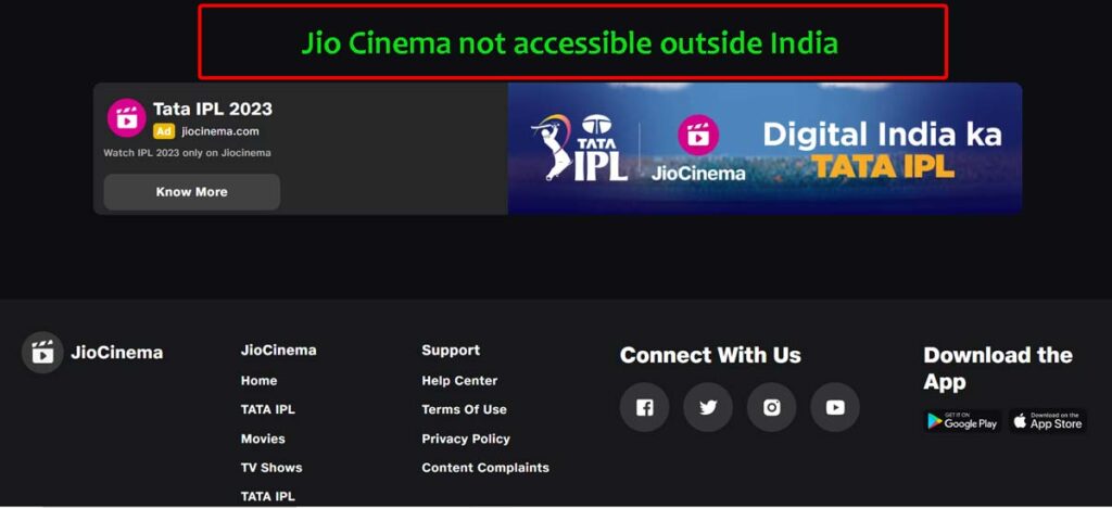 Jio Cinema not accessible outside india